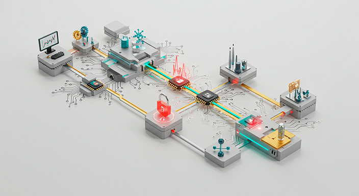 Abstract light mode wireframe visual representing business systems. A multi-layered grey wireframe structure holds 3D models of gears, charts, and health icons. Red glowing nodes indicate cybersecurity risks, while a teal and gold pathway shows a de-risked outcome.