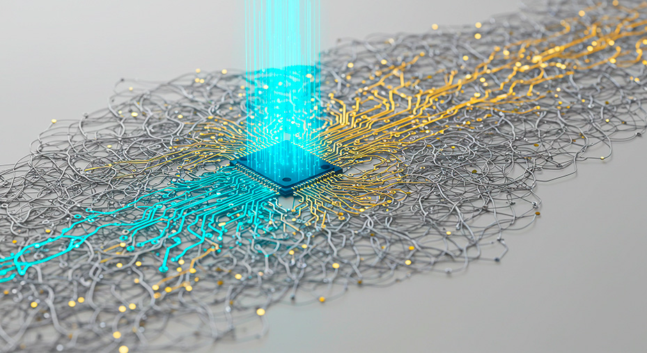 AbsAbstract digital landscape with tangled lines illuminated by focused navy beams creating a clear pathway with teal and gold highlights.