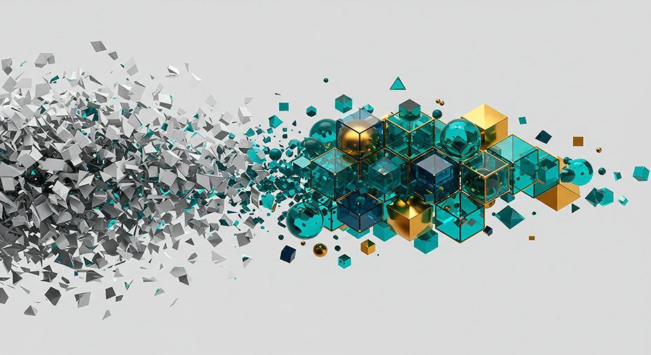 Abstract visual representing cybersecurity simplification, showing chaotic grey fragments transforming into ordered dark navy geometric prisms with teal and gold highlights.